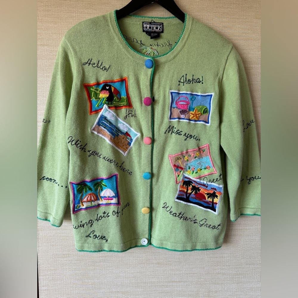 Super Rare Vintage Berek by Takako Sakon Travel Postcards Cardigan Large Green